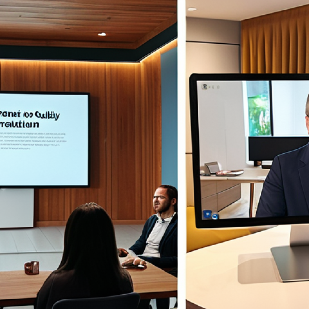 ** A modern conference hall, split screen. One side shows a live speaker on stage addressing an in-person audience. The other side shows a virtual attendee interacting with the presentation on a laptop, surrounded by a cozy home office setup. Highlighting the blend of physical and digital engagement.

**