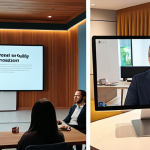 ** A modern conference hall, split screen. One side shows a live speaker on stage addressing an in-person audience. The other side shows a virtual attendee interacting with the presentation on a laptop, surrounded by a cozy home office setup. Highlighting the blend of physical and digital engagement.

**