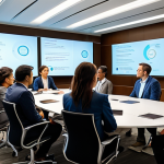 A diverse group of professionals actively participating in a hybrid event. Some are seated in a modern, well-lit conference room, engaged in a discussion. Others are seamlessly interacting through large, high-definition interactive screens, showing their faces and reactions. The atmosphere is dynamic and collaborative, with visible technology acting as a bridge between physical and virtual attendees. Subjects are fully clothed in modest business attire, professional dress, appropriate attire. The overall scene is professional photography, high quality, safe for work, appropriate content, perfect anatomy, correct proportions, natural pose, well-formed hands, proper finger count, natural body proportions, family-friendly.