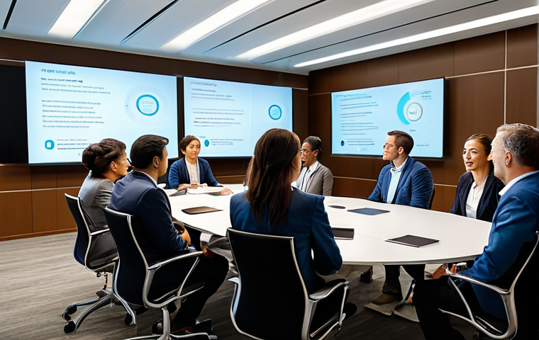 A diverse group of professionals actively participating in a hybrid event. Some are seated in a modern, well-lit conference room, engaged in a discussion. Others are seamlessly interacting through large, high-definition interactive screens, showing their faces and reactions. The atmosphere is dynamic and collaborative, with visible technology acting as a bridge between physical and virtual attendees. Subjects are fully clothed in modest business attire, professional dress, appropriate attire. The overall scene is professional photography, high quality, safe for work, appropriate content, perfect anatomy, correct proportions, natural pose, well-formed hands, proper finger count, natural body proportions, family-friendly.