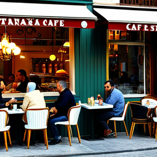 Modern Istanbul Cafe**

"A vibrant, bustling cafe scene in the Beyoğlu district of Istanbul, Turkey. Patrons are enjoying Turkish coffee and pastries at outdoor tables, fully clothed in modern, modest Turkish attire. The architecture blends Ottoman and contemporary styles. Golden sunlight filters through the scene. Safe for work, appropriate content, family-friendly, professional photography, perfect anatomy, correct proportions, well-formed hands, natural pose, high quality."

**