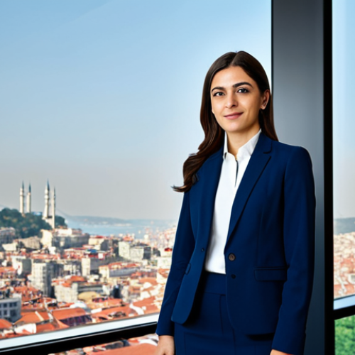 **

A Turkish businesswoman in a modest, dark blue business suit, standing in a modern office overlooking Istanbul, fully clothed, appropriate attire, safe for work, perfect anatomy, natural proportions, professional corporate headshot, high quality, family-friendly.

**
