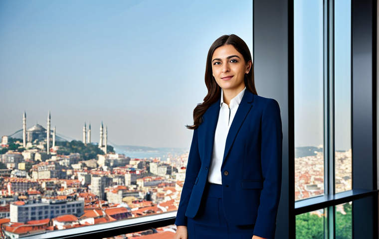 **

A Turkish businesswoman in a modest, dark blue business suit, standing in a modern office overlooking Istanbul, fully clothed, appropriate attire, safe for work, perfect anatomy, natural proportions, professional corporate headshot, high quality, family-friendly.

**